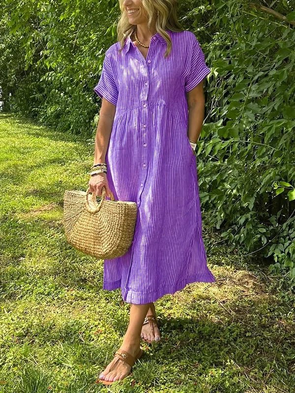 Dames Midi Shirt Dress met Korte Mouw, Knoopsluiting en Streeppatroon Paars