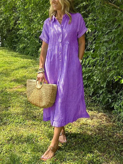 Dames Midi Shirt Dress met Korte Mouw, Knoopsluiting en Streeppatroon Paars