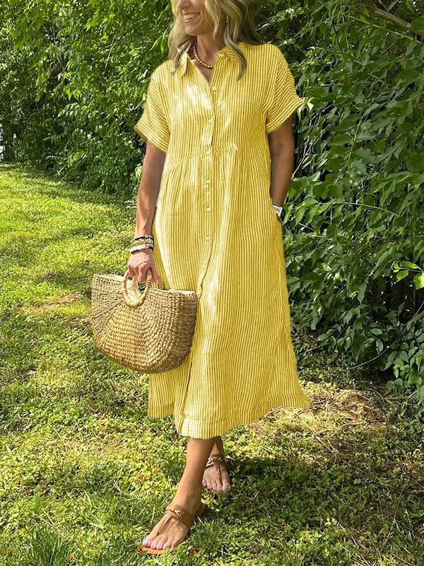Dames Midi Shirt Dress met Korte Mouw, Knoopsluiting en Streeppatroon Geel