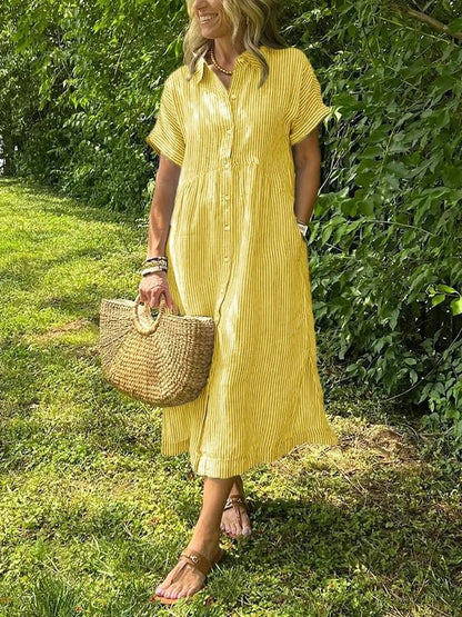 Dames Midi Shirt Dress met Korte Mouw, Knoopsluiting en Streeppatroon Geel