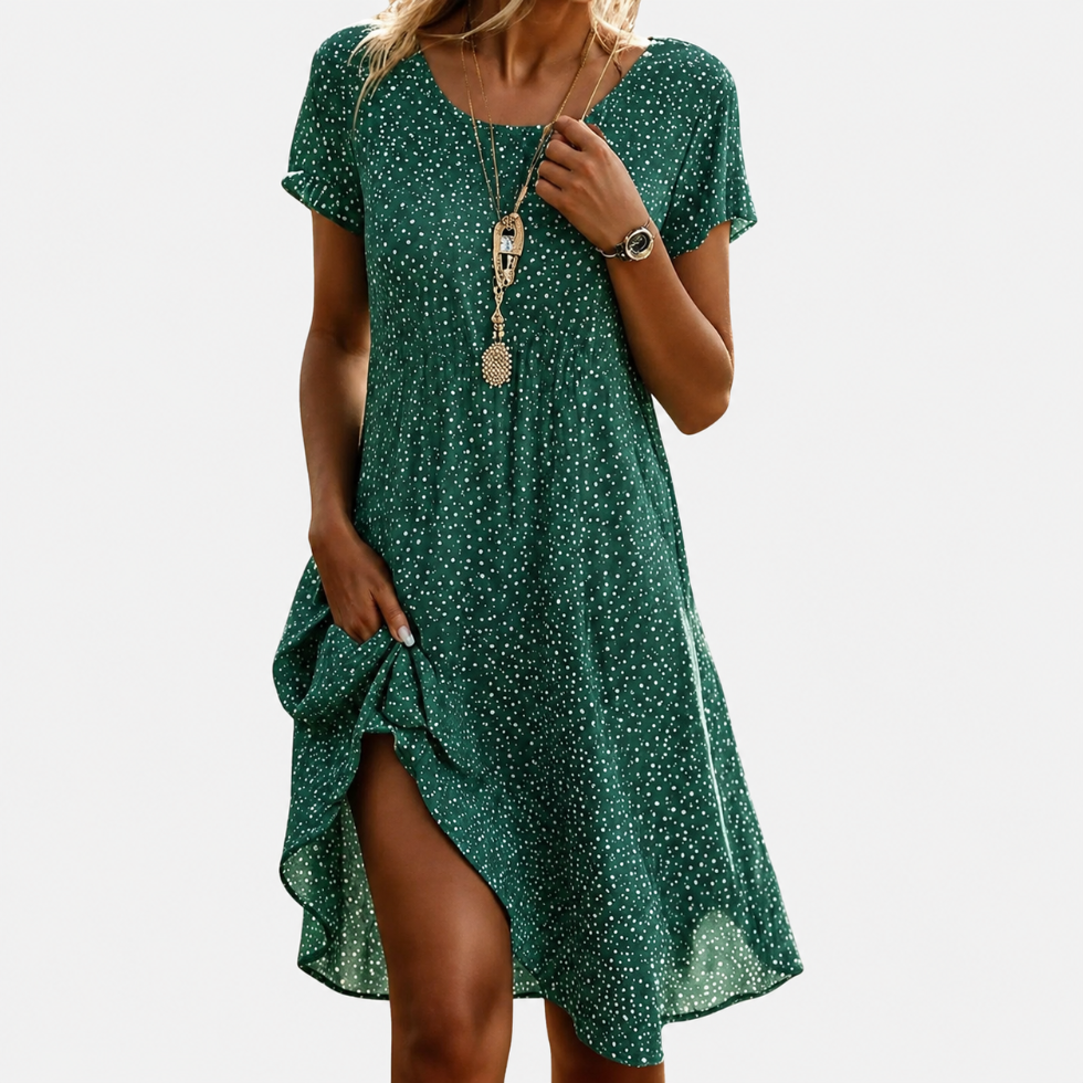 Dames Midi Swing Jurk Korte Mouw met Stippenprint en Ronde Hals Groen