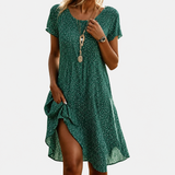 Dames Midi Swing Jurk Korte Mouw met Stippenprint en Ronde Hals
