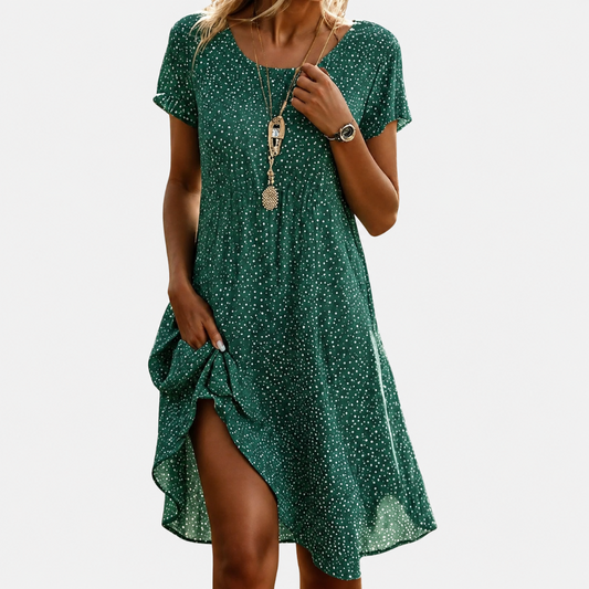 Dames Midi Swing Jurk Korte Mouw met Stippenprint en Ronde Hals Groen