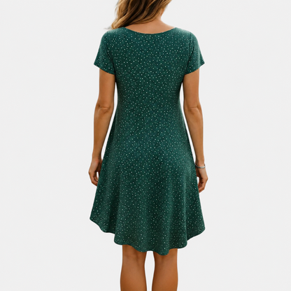 Dames Midi Swing Jurk Korte Mouw met Stippenprint en Ronde Hals