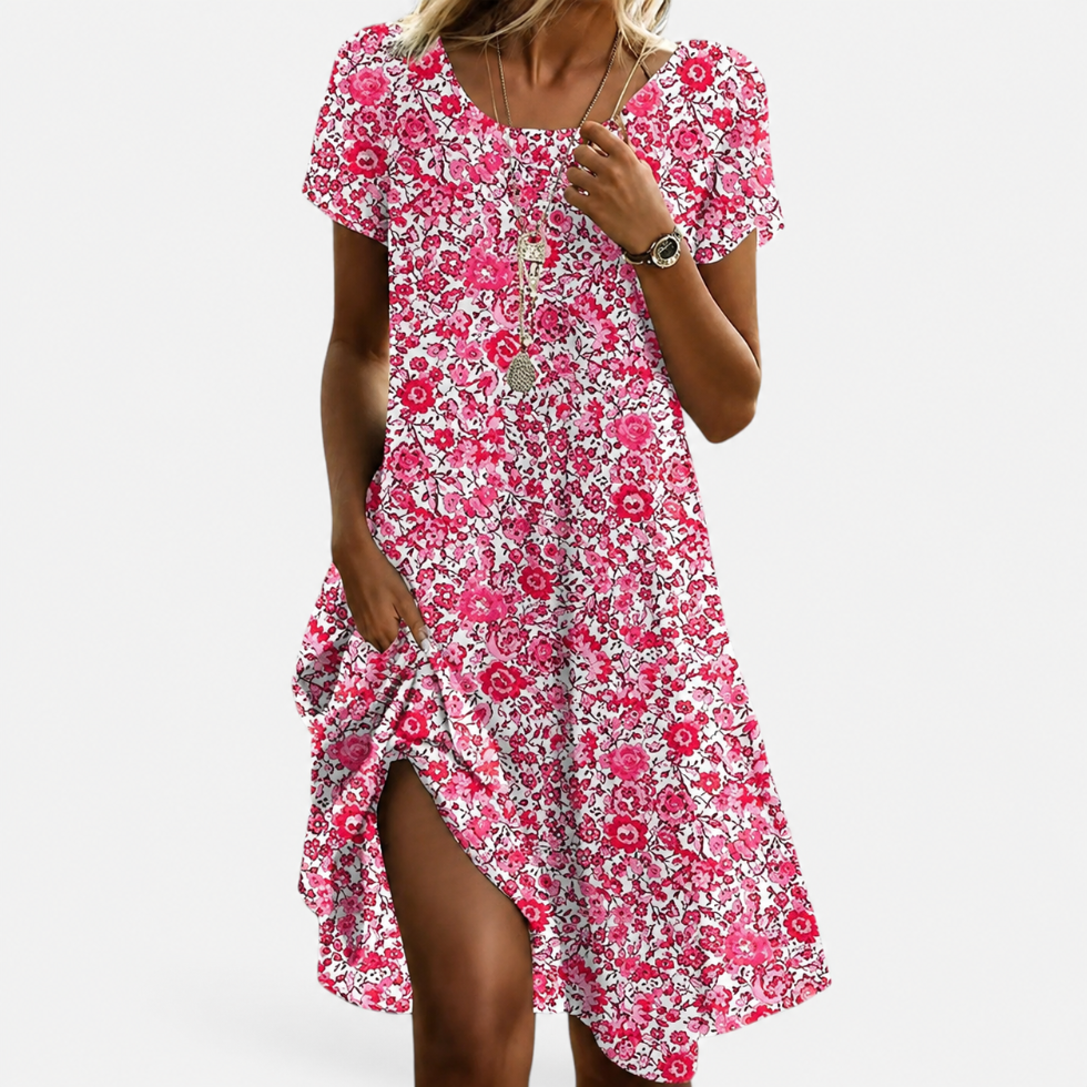 Dames Midi Swing Jurk Korte Mouw met Stippenprint en Ronde Hals Roze