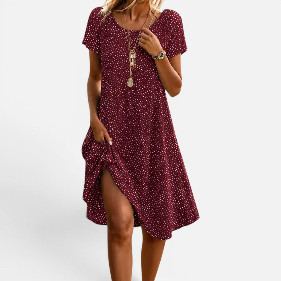 Dames Midi Swing Jurk Korte Mouw met Stippenprint en Ronde Hals Rood