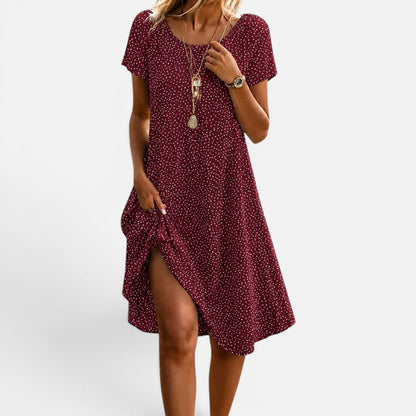 Dames Midi Swing Jurk Korte Mouw met Stippenprint en Ronde Hals Rood
