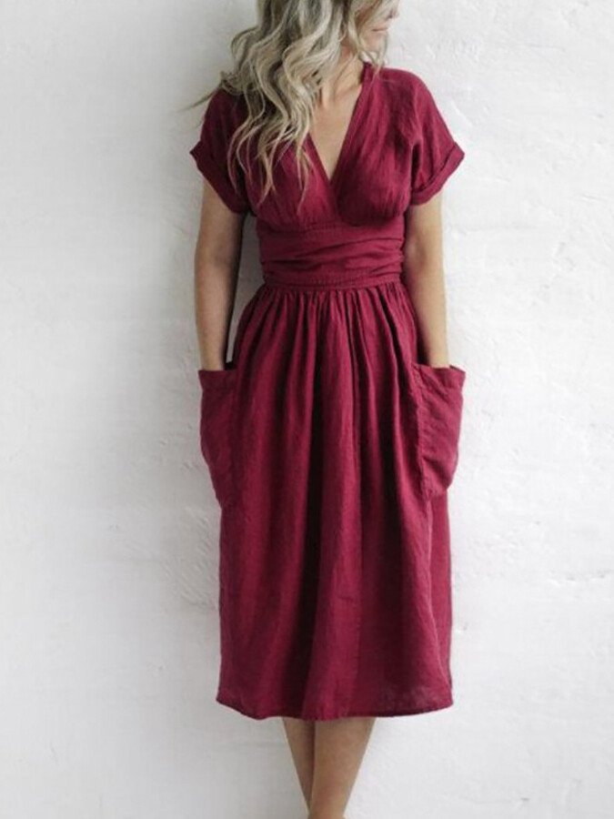 Dames Midi Wikkeljurk met V-hals, Korte Mouw en Strikceintuur Rood