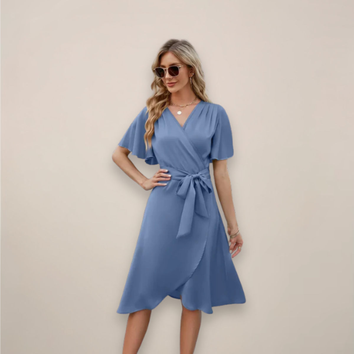 Dames Midi Wikkeljurk met V-hals, Vlindermouwen en Strikceintuur Blauw