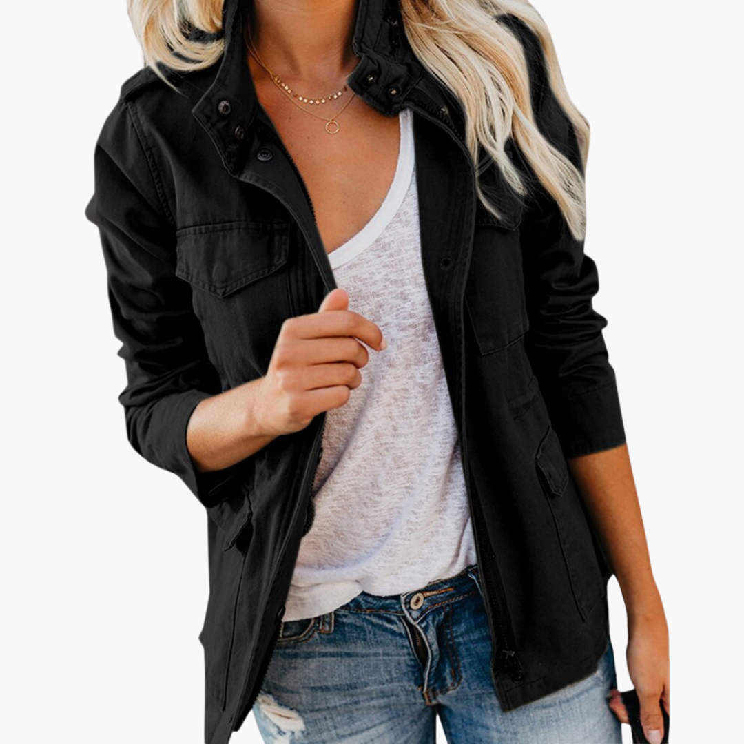 Dames Militaire Jacket met Capuchon en Vier Zakken Zwart