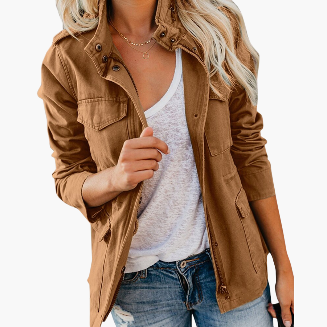 Dames Militaire Jacket met Capuchon en Vier Zakken Bruin