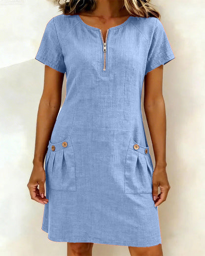 Dames Mini Jurk Korte Mouw met Ronde Hals, Rits en Zakken Blauw