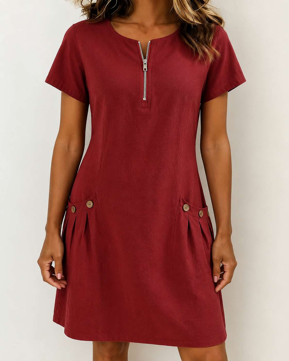 Dames Mini Jurk Korte Mouw met Ronde Hals, Rits en Zakken Rood
