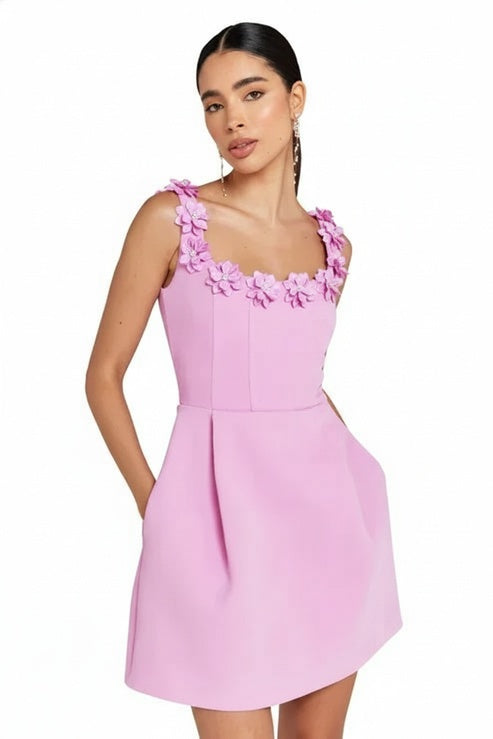 Dames Mini Jurk met 3D Bloemen Bandjes en Corset Taille