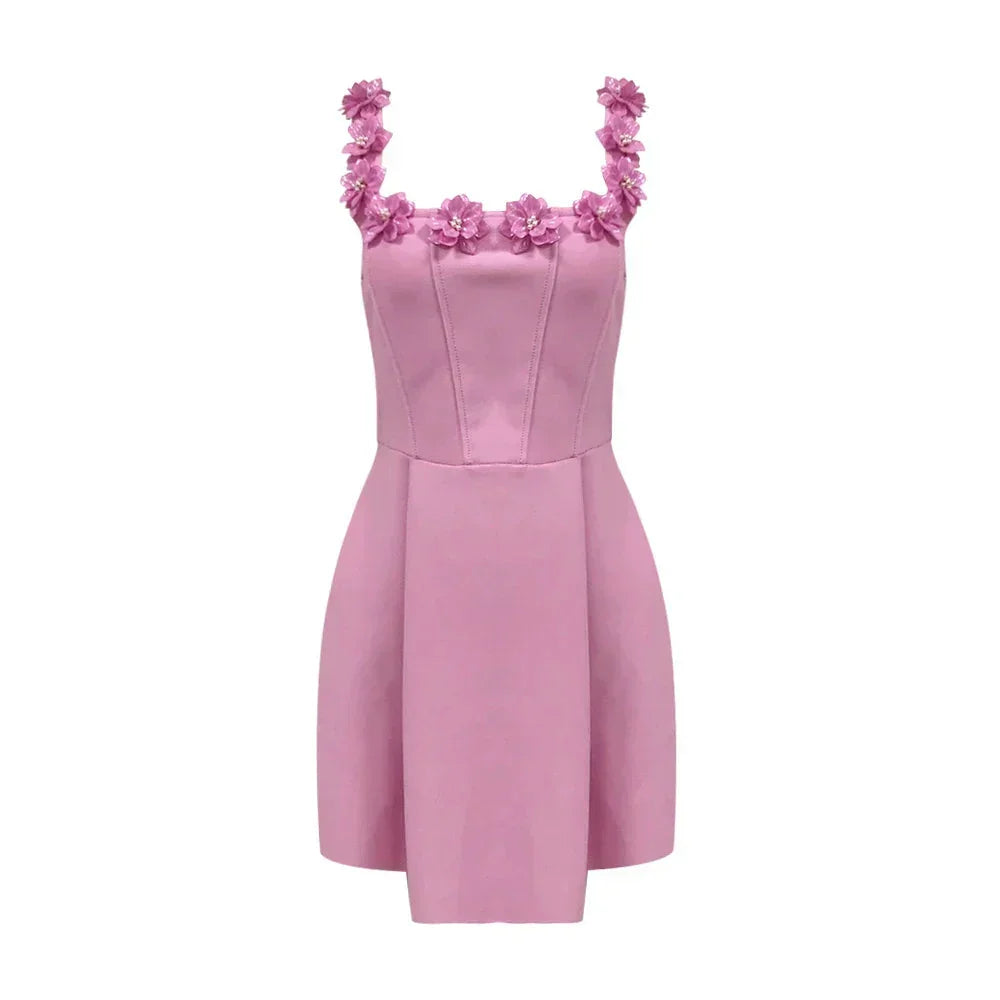 Dames Mini Jurk met 3D Bloemen Bandjes en Corset Taille