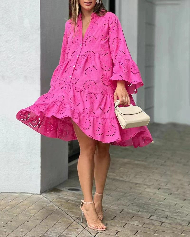 Dames Mini Jurk met Ballonmouwen en Broderie Anglaise Laagjesrok Lichtroze