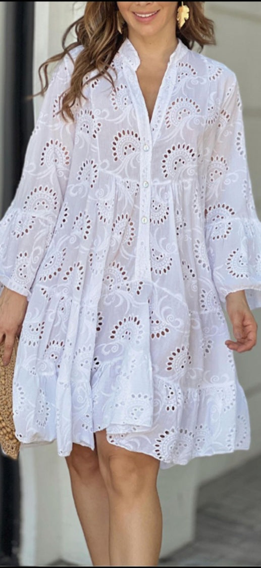Dames Mini Jurk met Ballonmouwen en Broderie Anglaise Laagjesrok Wit