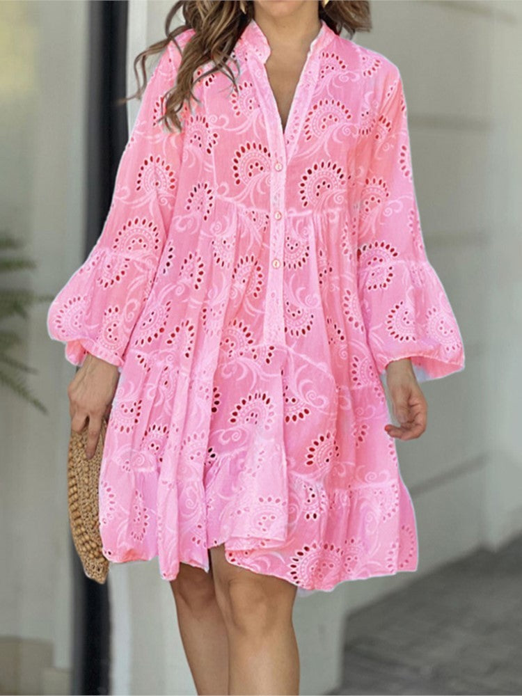 Dames Mini Jurk met Ballonmouwen en Broderie Anglaise Laagjesrok Roze