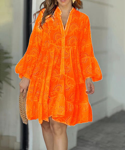 Dames Mini Jurk met Ballonmouwen en Broderie Anglaise Laagjesrok Oranje