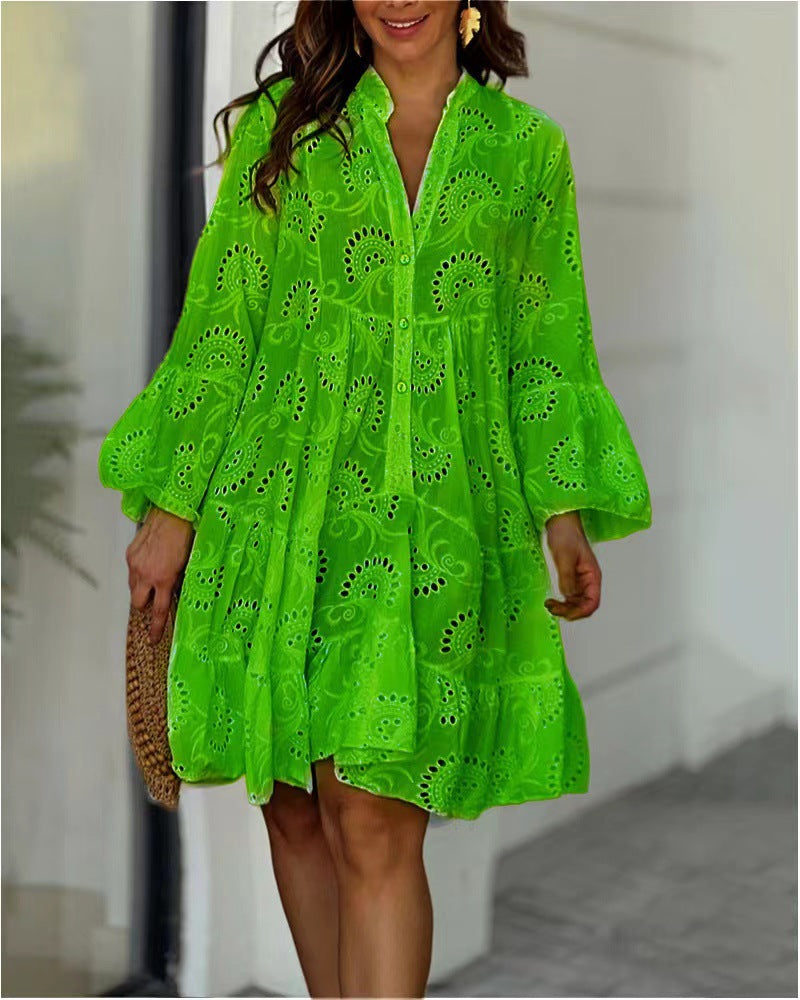 Dames Mini Jurk met Ballonmouwen en Broderie Anglaise Laagjesrok Groen