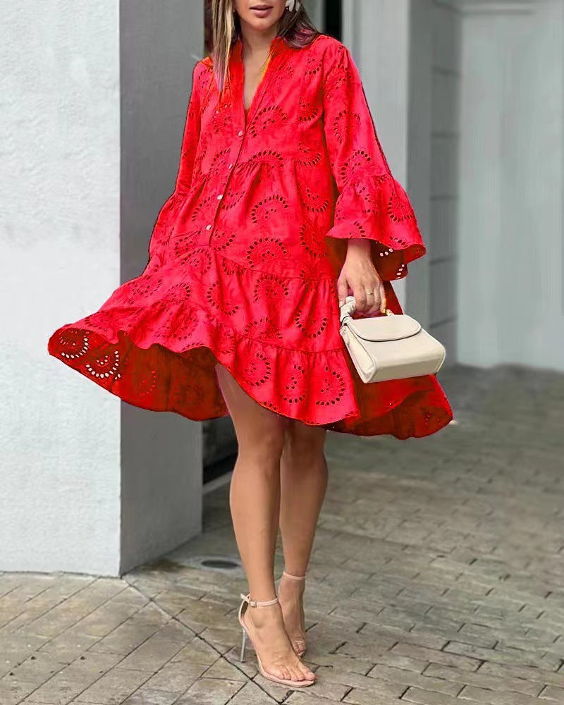 Dames Mini Jurk met Ballonmouwen en Broderie Anglaise Laagjesrok Rood