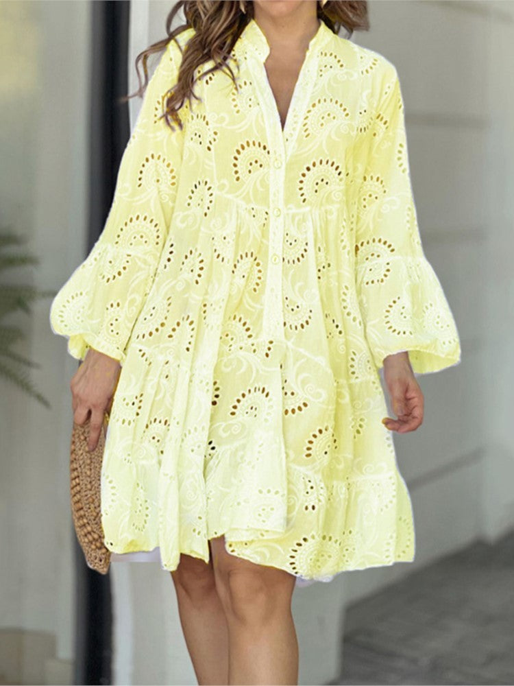 Dames Mini Jurk met Ballonmouwen en Broderie Anglaise Laagjesrok Geel