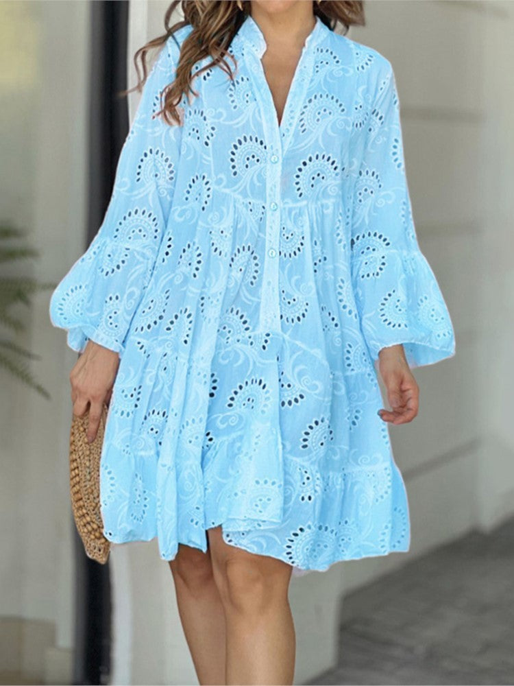 Dames Mini Jurk met Ballonmouwen en Broderie Anglaise Laagjesrok Blauw