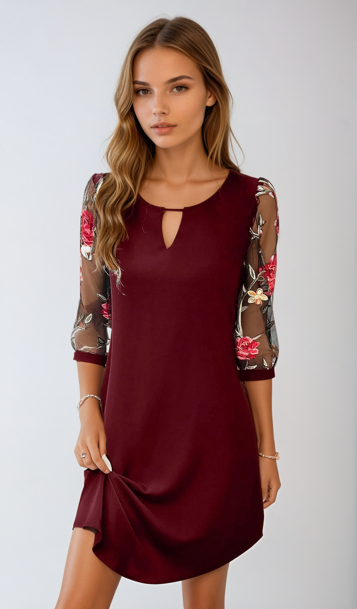 Dames Mini Jurk met Geborduurde Mesh Mouwen