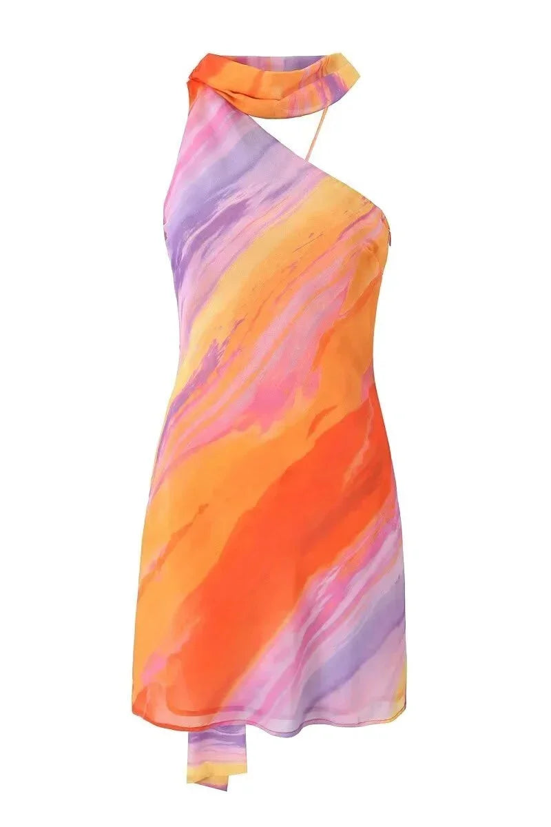 Dames Mini Jurk met Halternek en Asymmetrische Snit met Kleurverloop Print