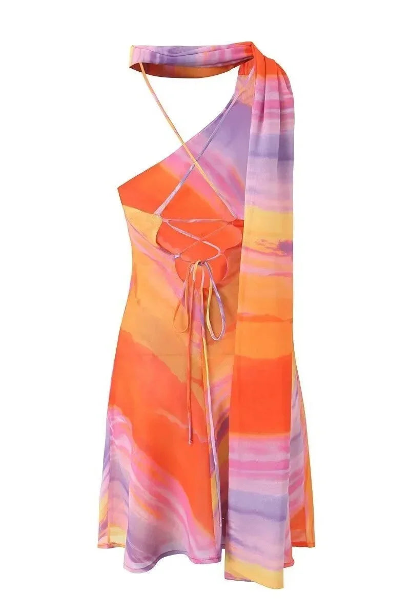 Dames Mini Jurk met Halternek en Asymmetrische Snit met Kleurverloop Print
