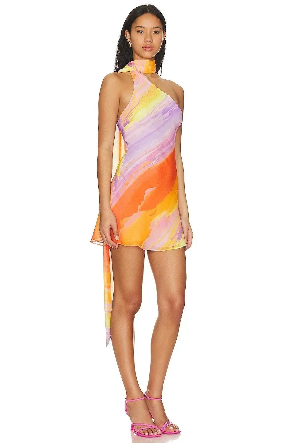 Dames Mini Jurk met Halternek en Asymmetrische Snit met Kleurverloop Print