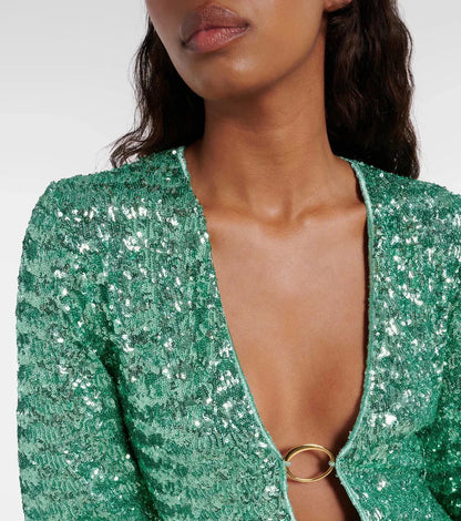 Dames Mini Jurk met Pailletten V-hals en Wijde Mouwen