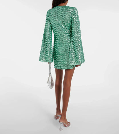 Dames Mini Jurk met Pailletten V-hals en Wijde Mouwen