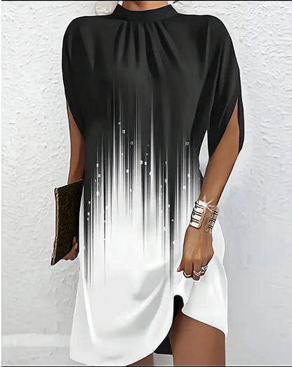 Dames Mini Jurk met Vleermuismouwen en Hoge Kraag Zwart Wit