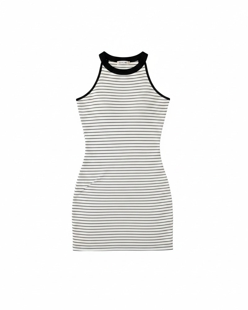Dames Mini Jurk Mouwloos met Halternek en Streepprint Slim Fit Bodycon
