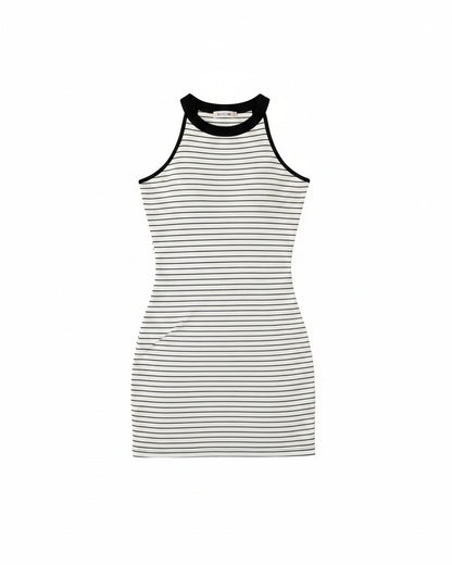 Dames Mini Jurk Mouwloos met Halternek en Streepprint Slim Fit Bodycon