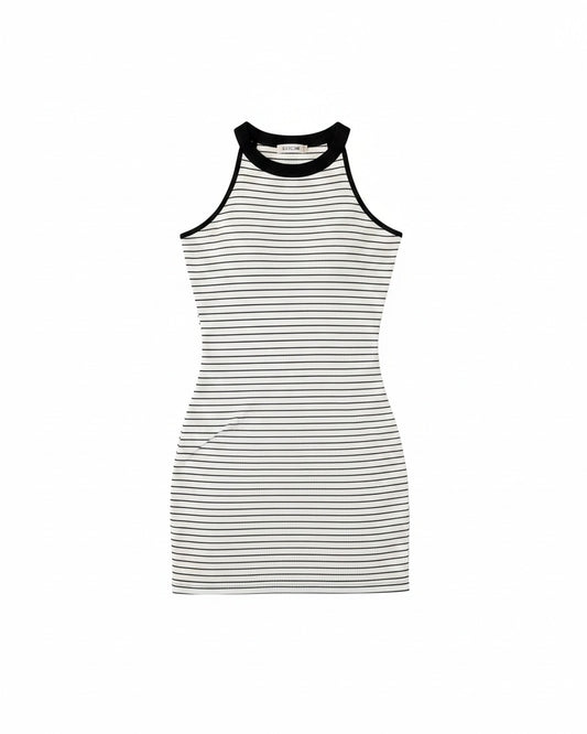 Dames Mini Jurk Mouwloos met Halternek en Streepprint Slim Fit Bodycon