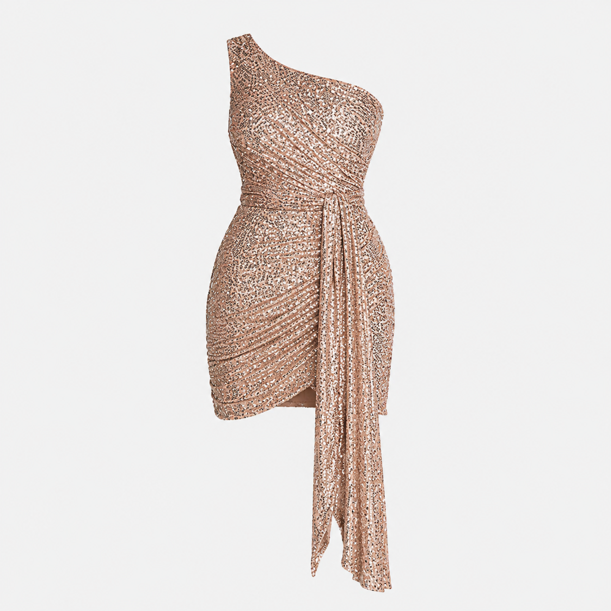 Dames Mini Jurk Pailletten One-Shoulder Asymmetrisch Feestjurk met Drapering