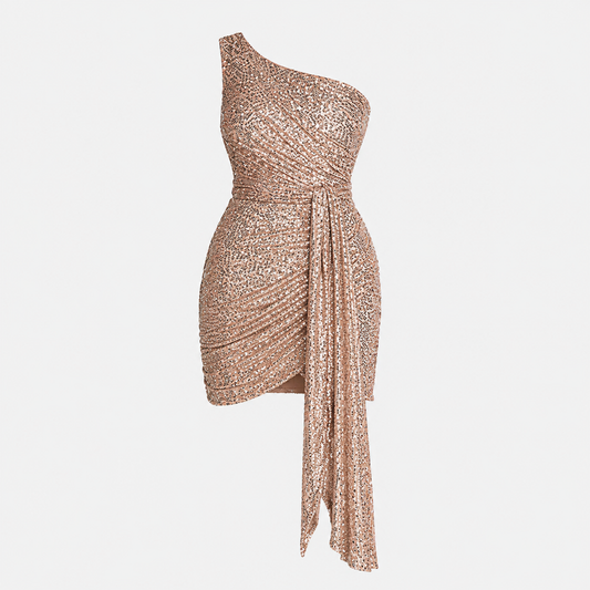 Dames Mini Jurk Pailletten One-Shoulder Asymmetrisch Feestjurk met Drapering