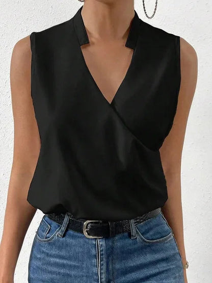 Dames Mouwloze Blouse met V-hals en Overslag Zwart