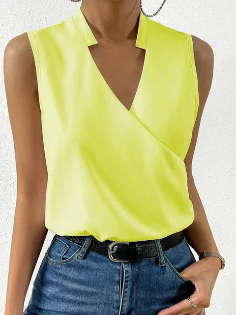 Dames Mouwloze Blouse met V-hals en Overslag Geel