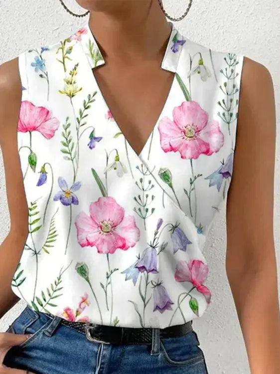 Dames Mouwloze Blouse met V-hals en Overslag Wit Roze