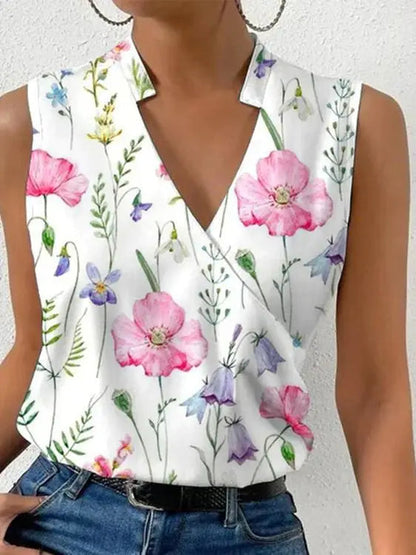 Dames Mouwloze Blouse met V-hals en Overslag Wit Roze