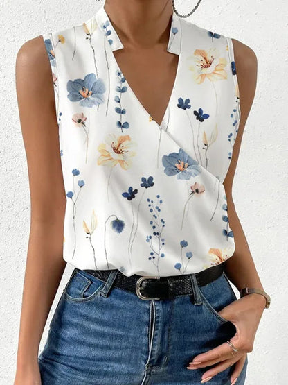 Dames Mouwloze Blouse met V-hals en Overslag Wit Blauw