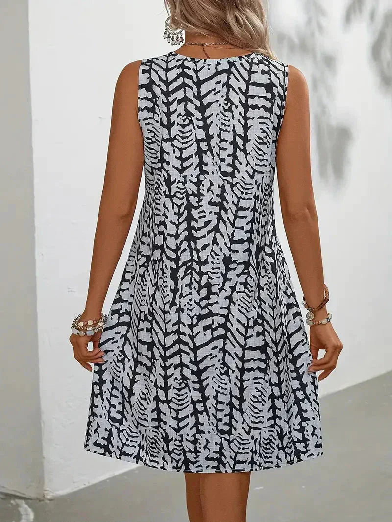 Dames Mouwloze Jurk met Abstracte Print en Sleutelgat Hals A-lijn
