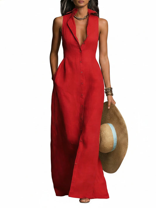 Dames Mouwloze Maxi Jurk met Kraag en Knoopsluiting
