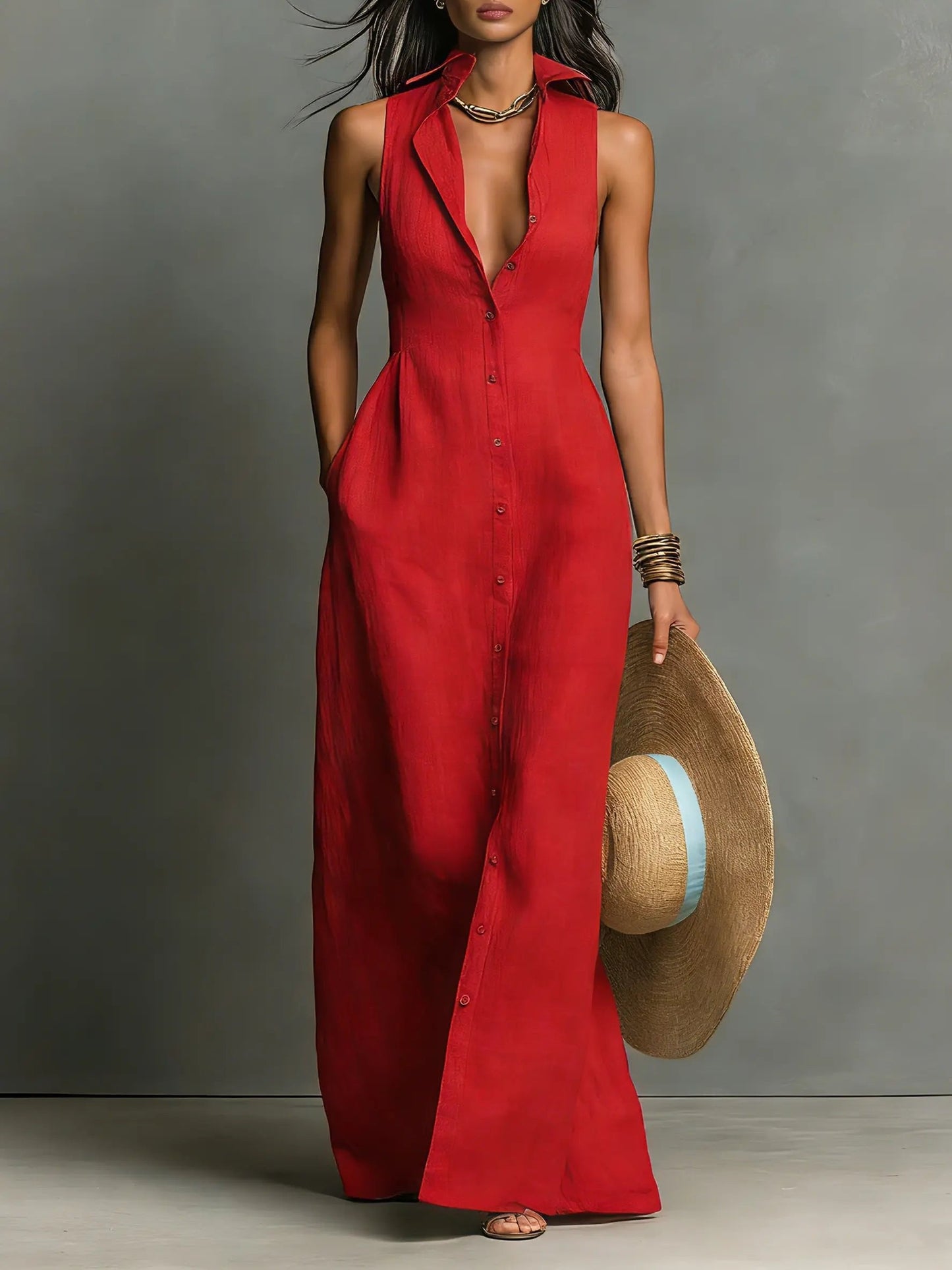 Dames Mouwloze Maxi Jurk met Kraag en Knoopsluiting Rood