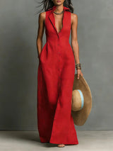 Dames Mouwloze Maxi Jurk met Kraag en Knoopsluiting