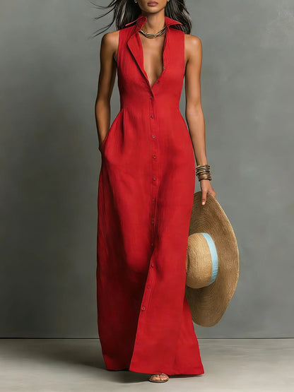 Dames Mouwloze Maxi Jurk met Kraag en Knoopsluiting Rood