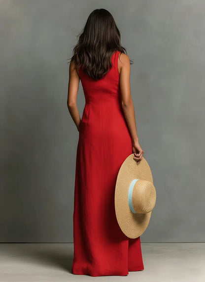 Dames Mouwloze Maxi Jurk met Kraag en Knoopsluiting
